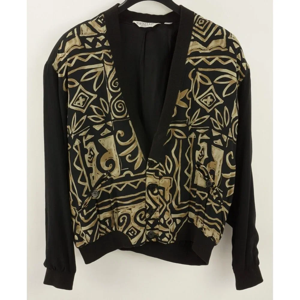 Vintage Genelli 100% Silk Men's XL Black Retro Geometric Floral Satin Cardigan